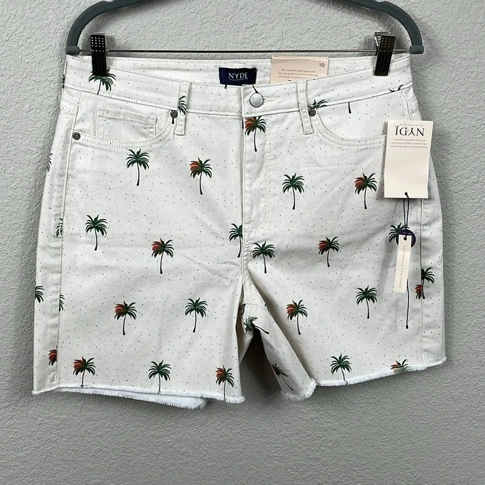NWT NYDJ Cirque Des Palm Tree High Rise A Line Short Fray Hem Tropical Sz 10
